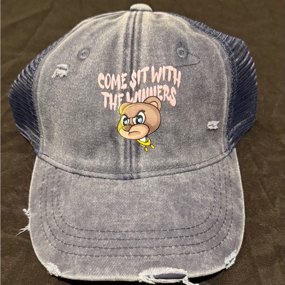 Navy Distressed Cap with stylish Bear and a pink graphic logo design.